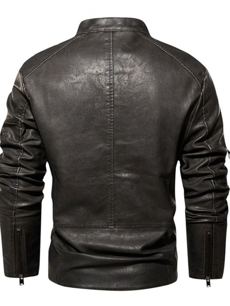 Stand Collar Standard Plain European Slim Leather Jacket