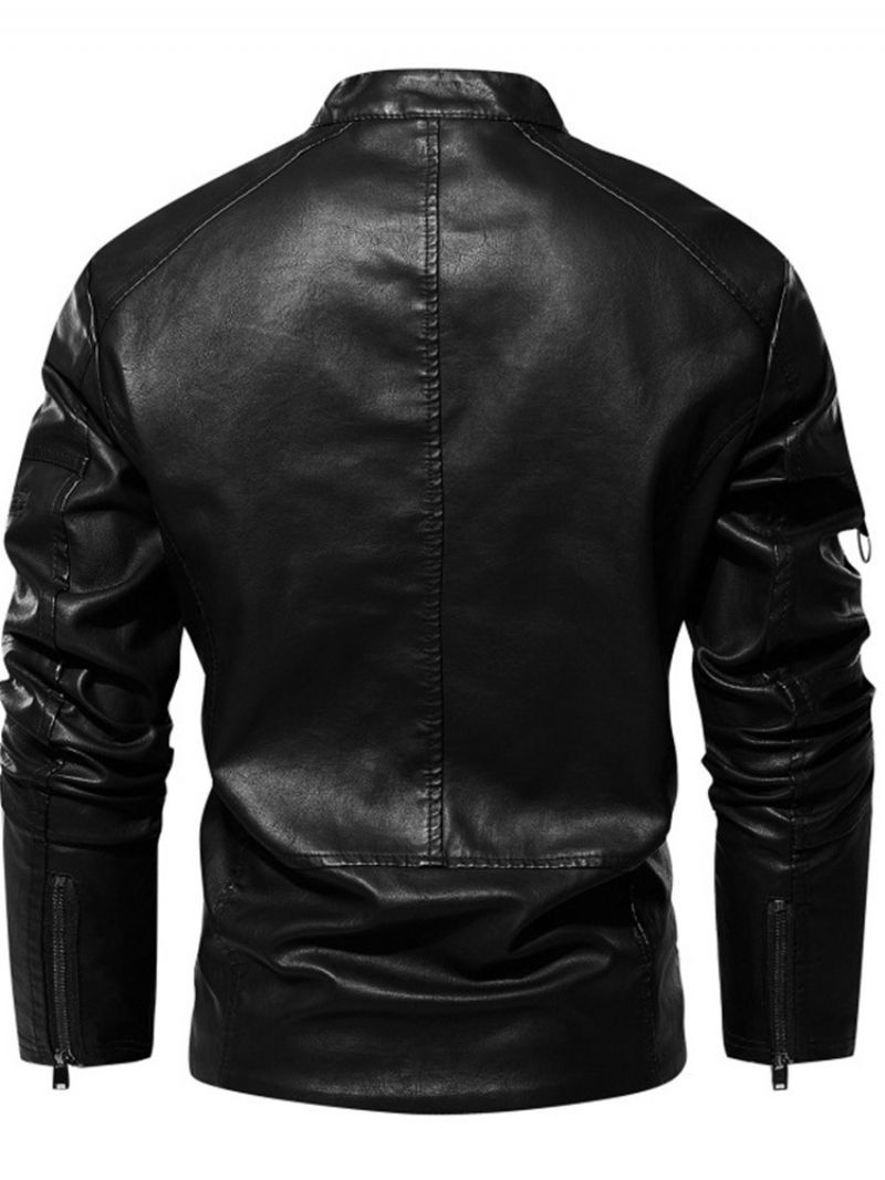 Stand Collar Standard Plain European Slim Leather Jacket