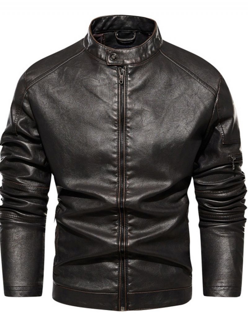 Stand Collar Standard Plain European Slim Leather Jacket