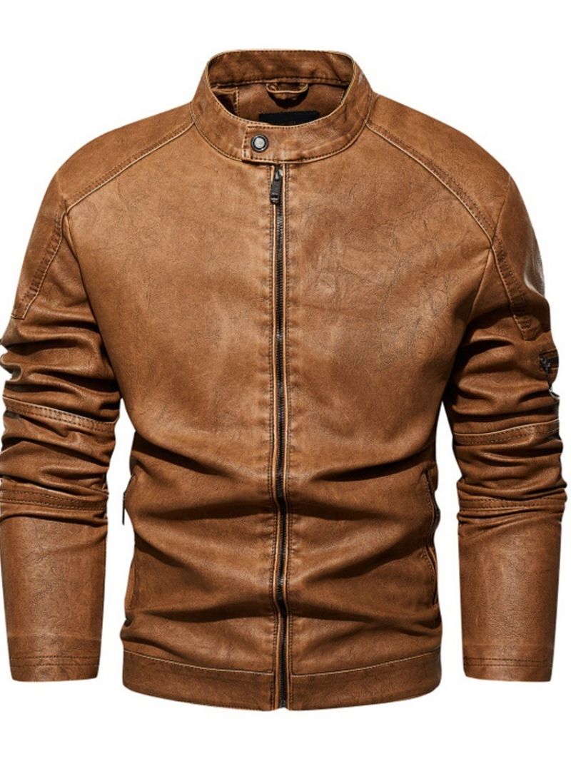 Stand Collar Standard Plain European Slim Leather Jacket