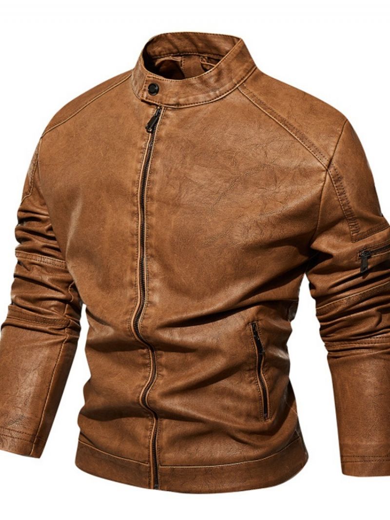 Stand Collar Standard Plain European Slim Leather Jacket