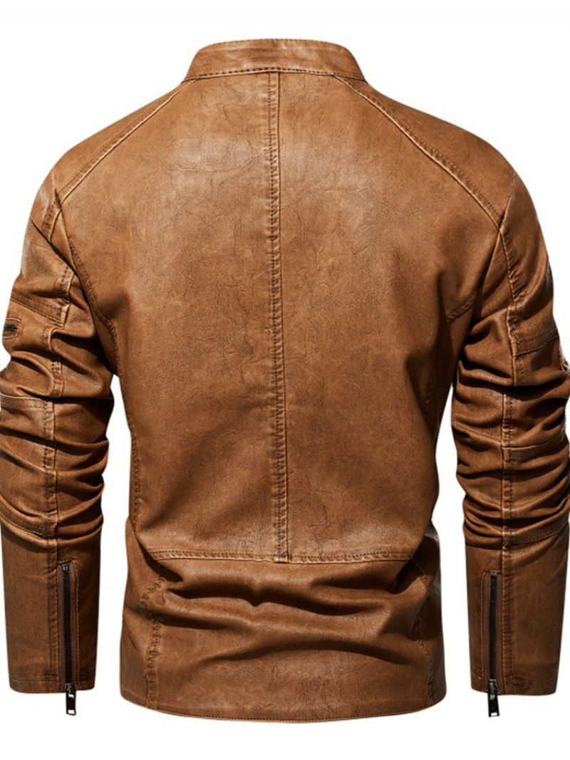 Stand Collar Standard Plain European Slim Leather Jacket