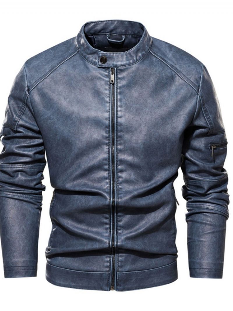 Stand Collar Standard Plain European Slim Leather Jacket