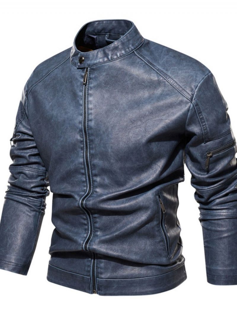 Stand Collar Standard Plain European Slim Leather Jacket