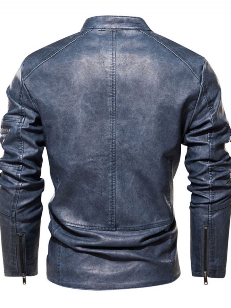 Stand Collar Standard Plain European Slim Leather Jacket