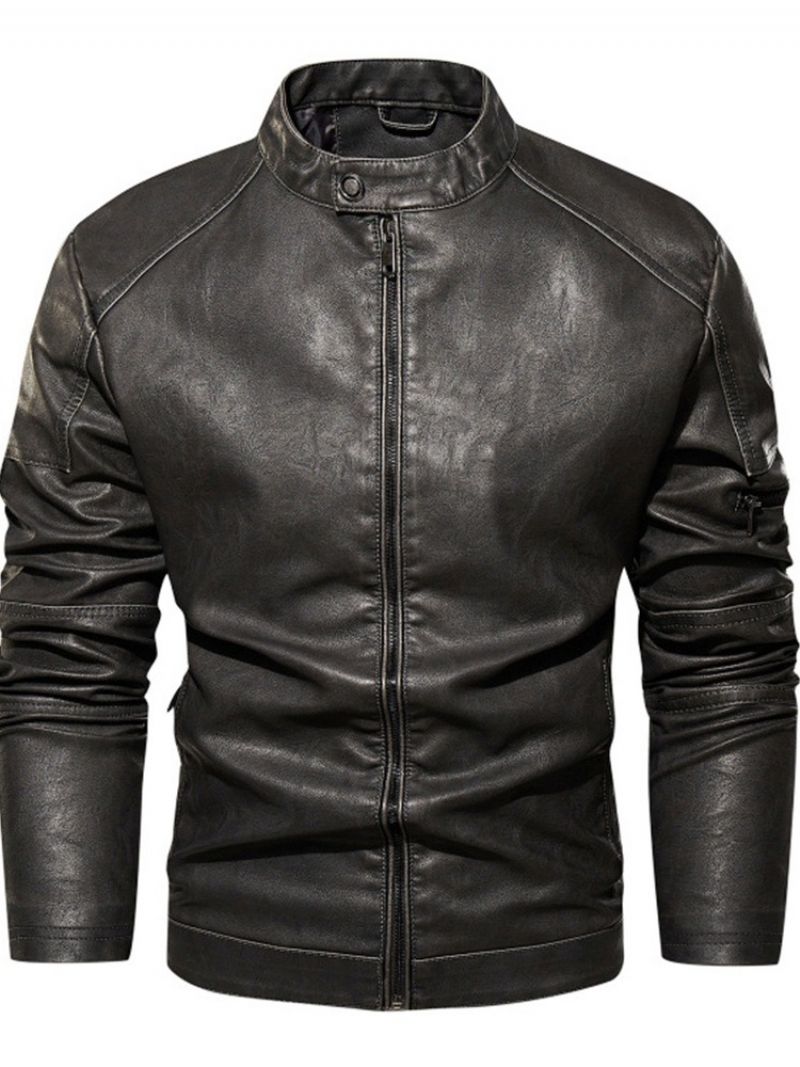 Stand Collar Standard Plain European Slim Leather Jacket