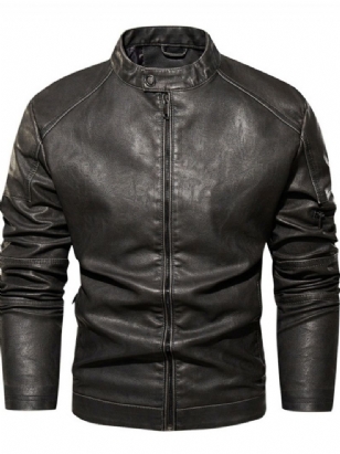 Stand Collar Standard Plain European Slim Leather Jacket