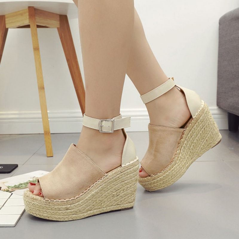 Přezka Peep Toe Platform Espadrille Sandály Na Klínu