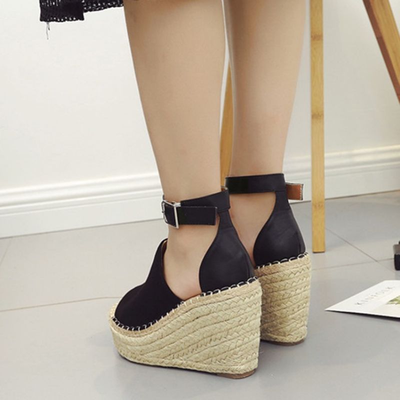 Přezka Peep Toe Platform Espadrille Sandály Na Klínu