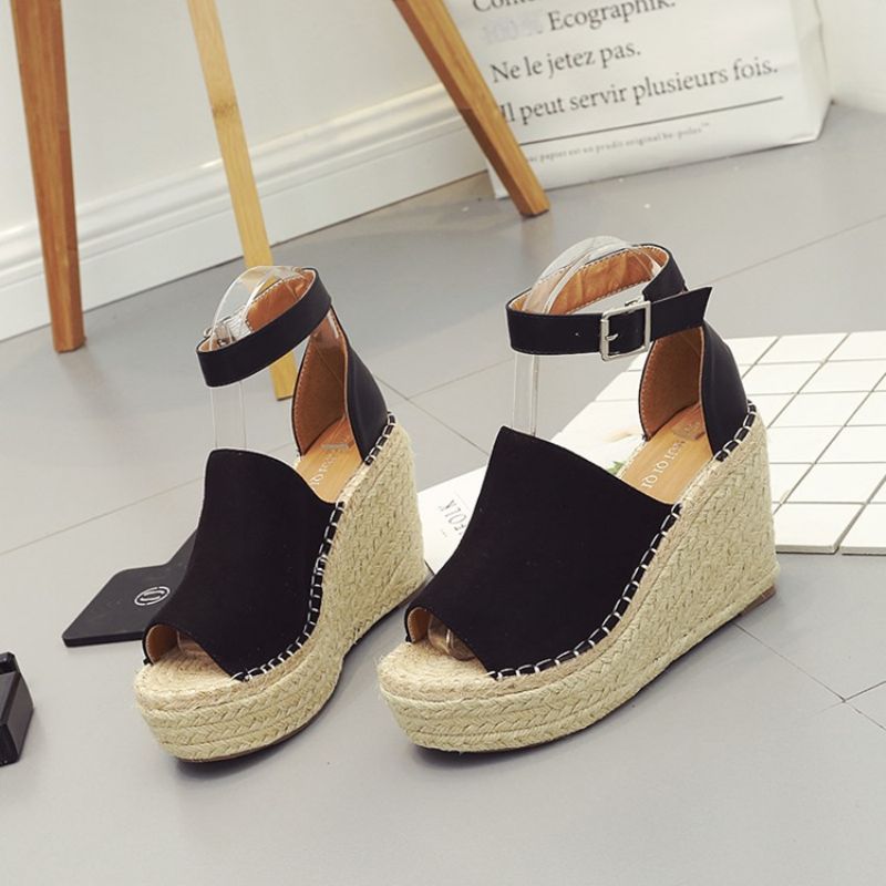 Přezka Peep Toe Platform Espadrille Sandály Na Klínu