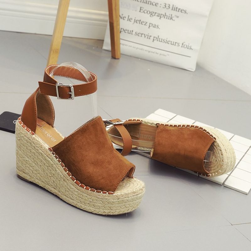 Přezka Peep Toe Platform Espadrille Sandály Na Klínu