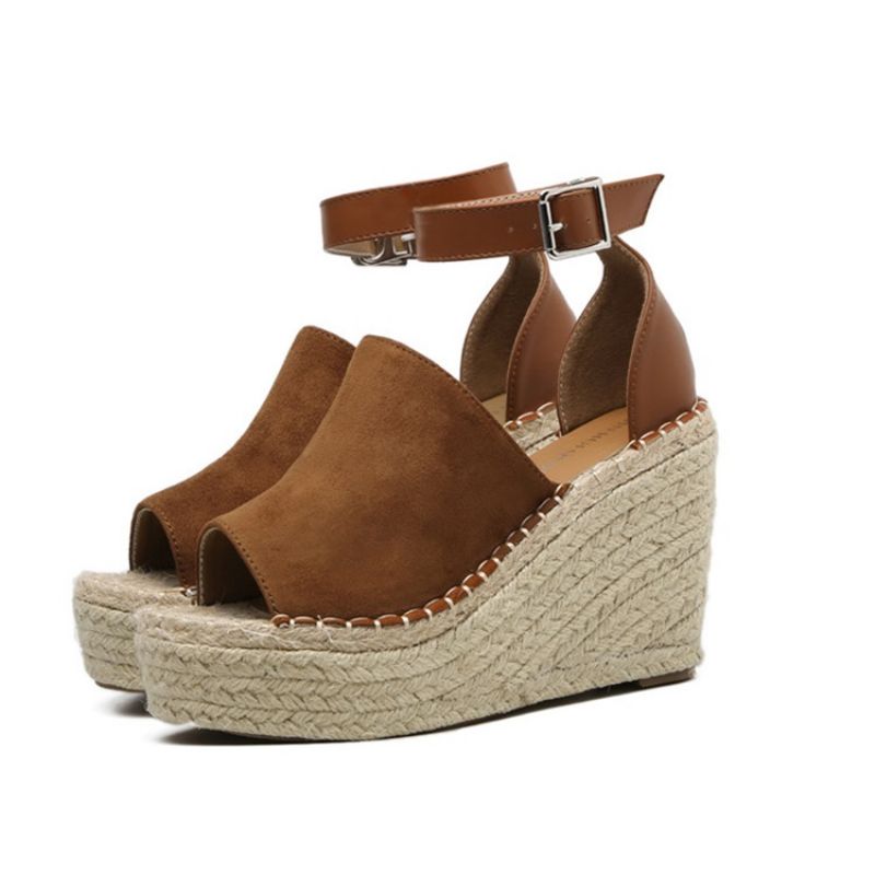 Přezka Peep Toe Platform Espadrille Sandály Na Klínu