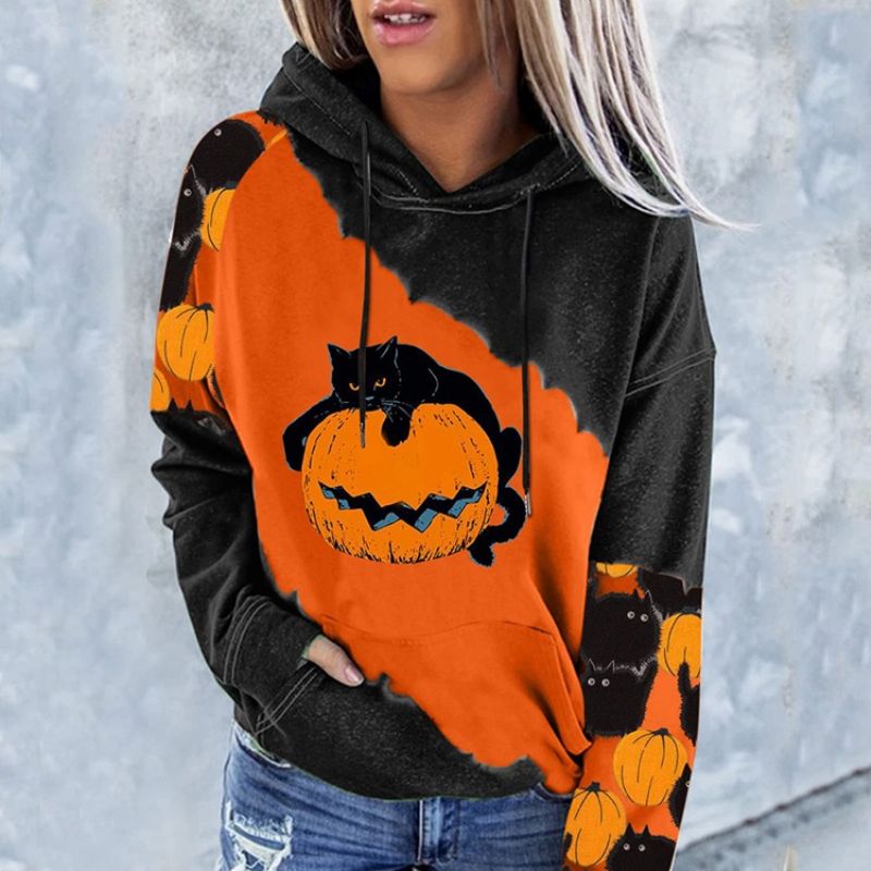 Halloween Color Block Raglan Sleeve Print Mikina S Kapucí S Dlouhým Rukávem