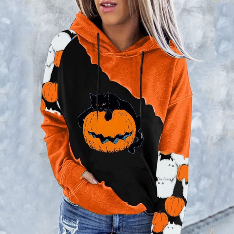 Halloween Color Block Raglan Sleeve Print Mikina S Kapucí S Dlouhým Rukávem