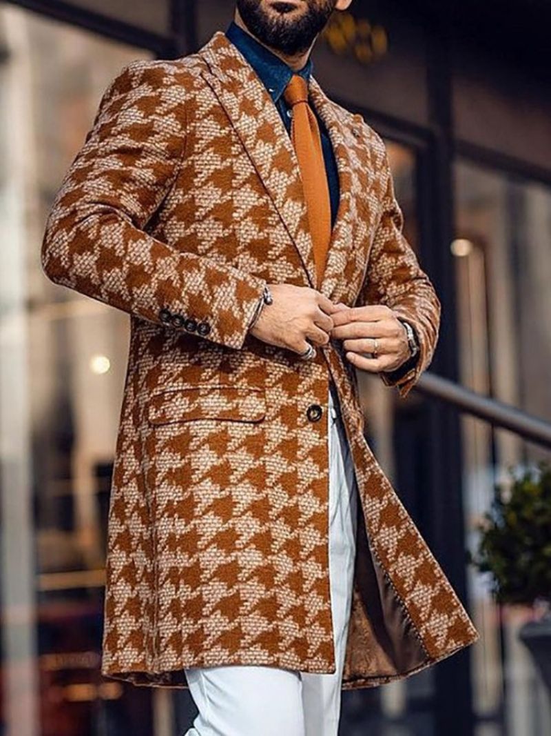 Středně Dlouhý Pánský Dvouřadý Kabát Houndstooth