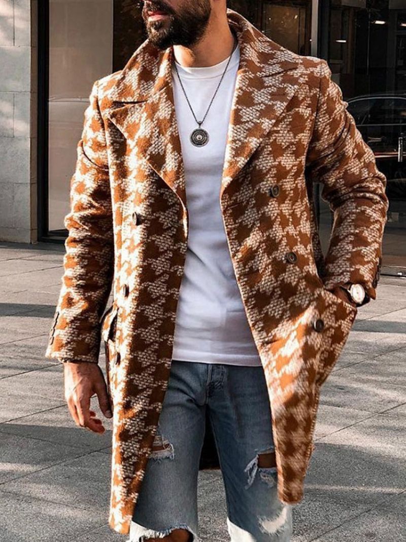 Středně Dlouhý Pánský Dvouřadý Kabát Houndstooth