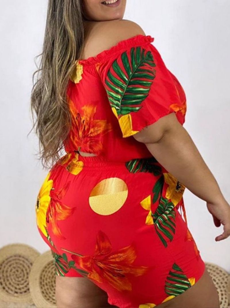 Dámský Dvoudílný Šněrovací Ležérní Květinový Svetr S Vypnutým Ramenem Krátký Set Plus Size