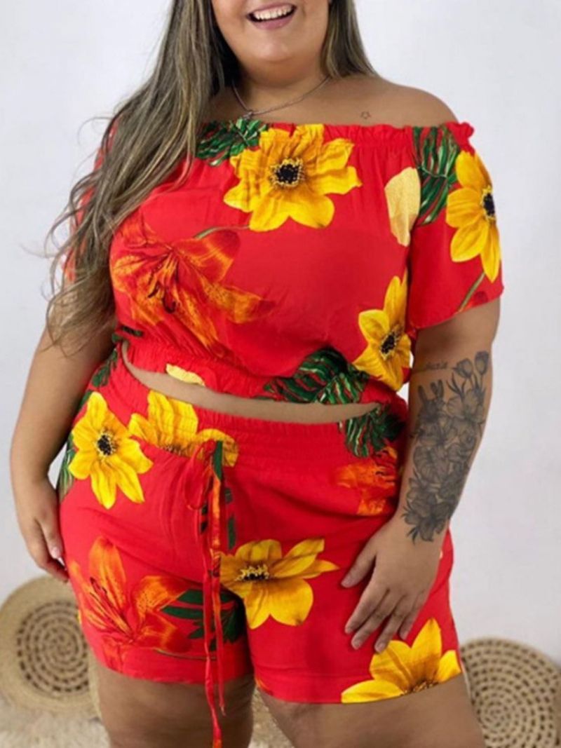 Dámský Dvoudílný Šněrovací Ležérní Květinový Svetr S Vypnutým Ramenem Krátký Set Plus Size