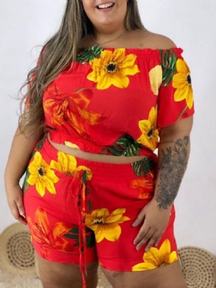 Dámský Dvoudílný Šněrovací Ležérní Květinový Svetr S Vypnutým Ramenem Krátký Set Plus Size