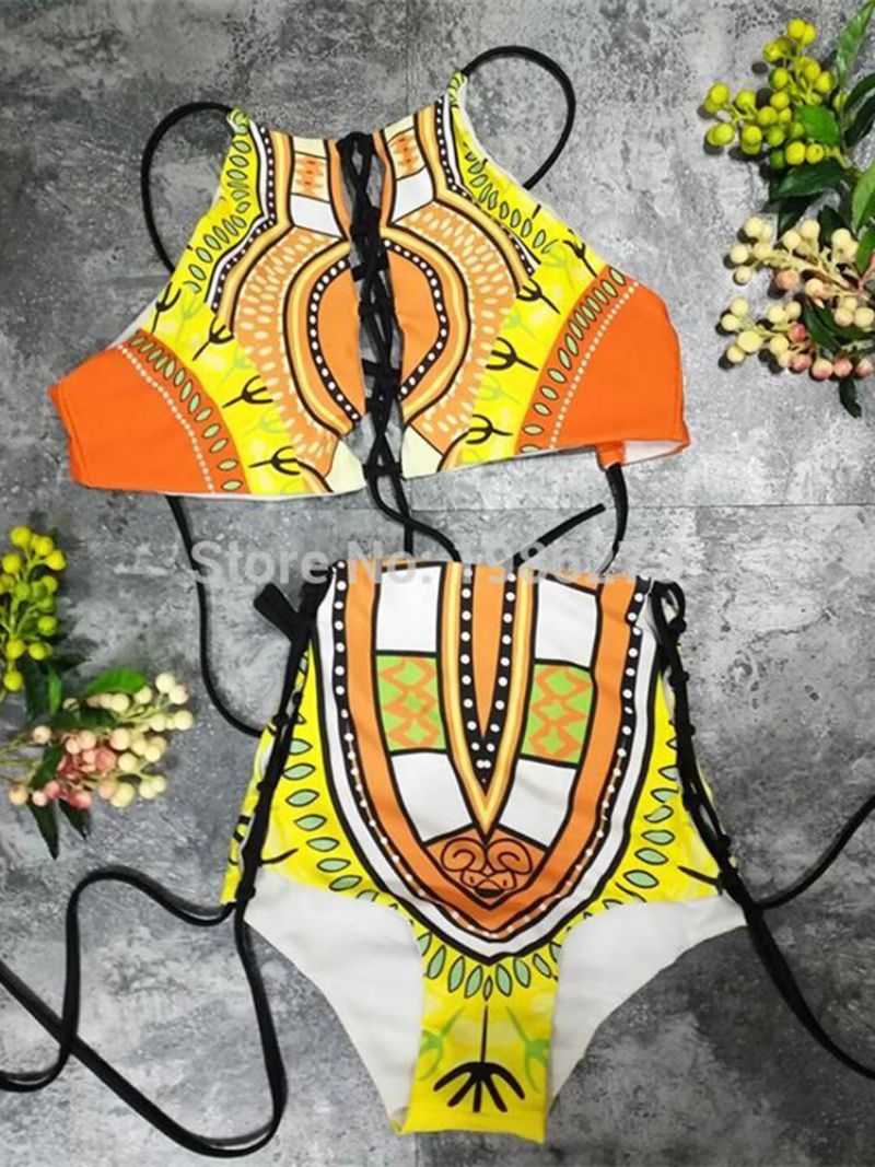 Dashiki Africké Tištěné Duté Bikini S Vysokým Pasem Velikosti 2 Ks