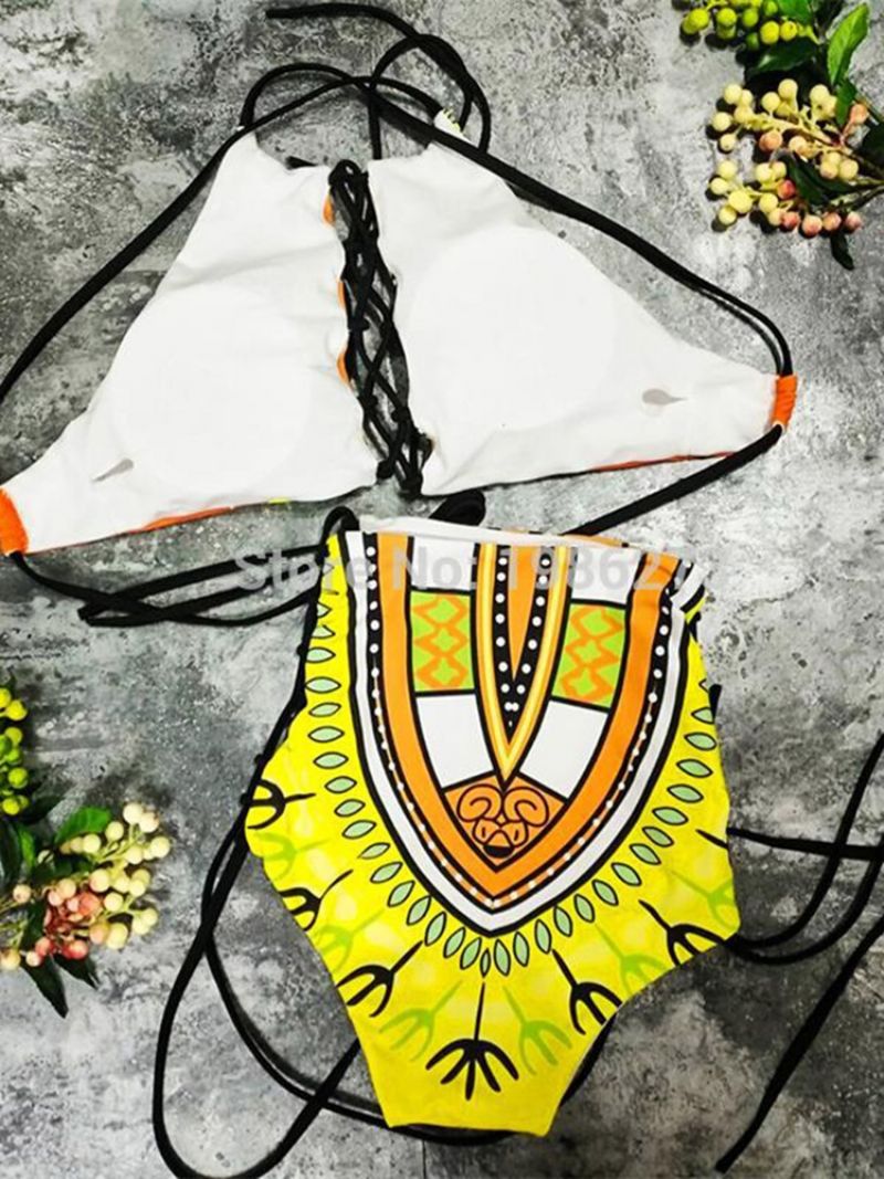 Dashiki Africké Tištěné Duté Bikini S Vysokým Pasem Velikosti 2 Ks