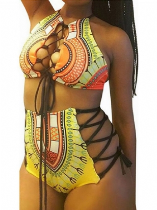 Dashiki Africké Tištěné Duté Bikini S Vysokým Pasem Velikosti 2 Ks