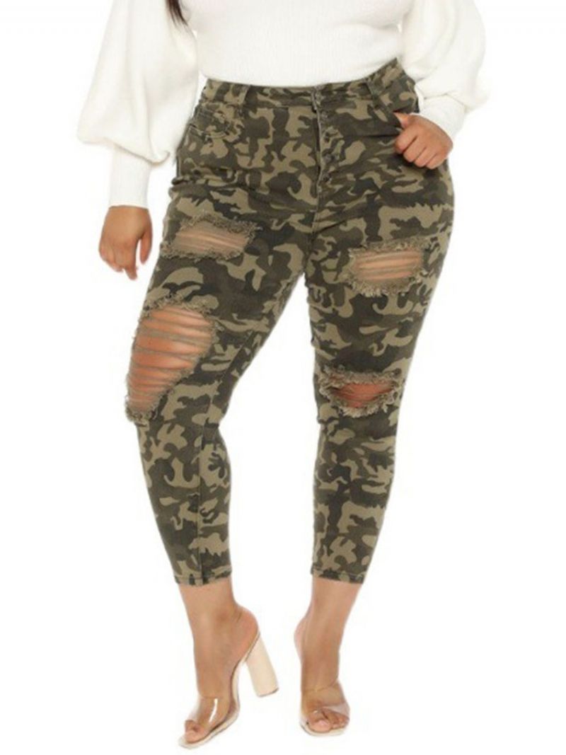 Kalhoty Skinny Hole Camouflage Pencil Pants Délka Po Kotníky Dámské Kalhoty Plus Size