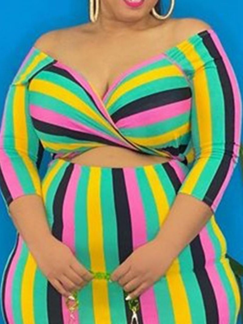 Patchwork Do Půli Lýtek Svetr Se Tříčtvrtečním Rukávem Stripe Bodycon Dress Plus Size