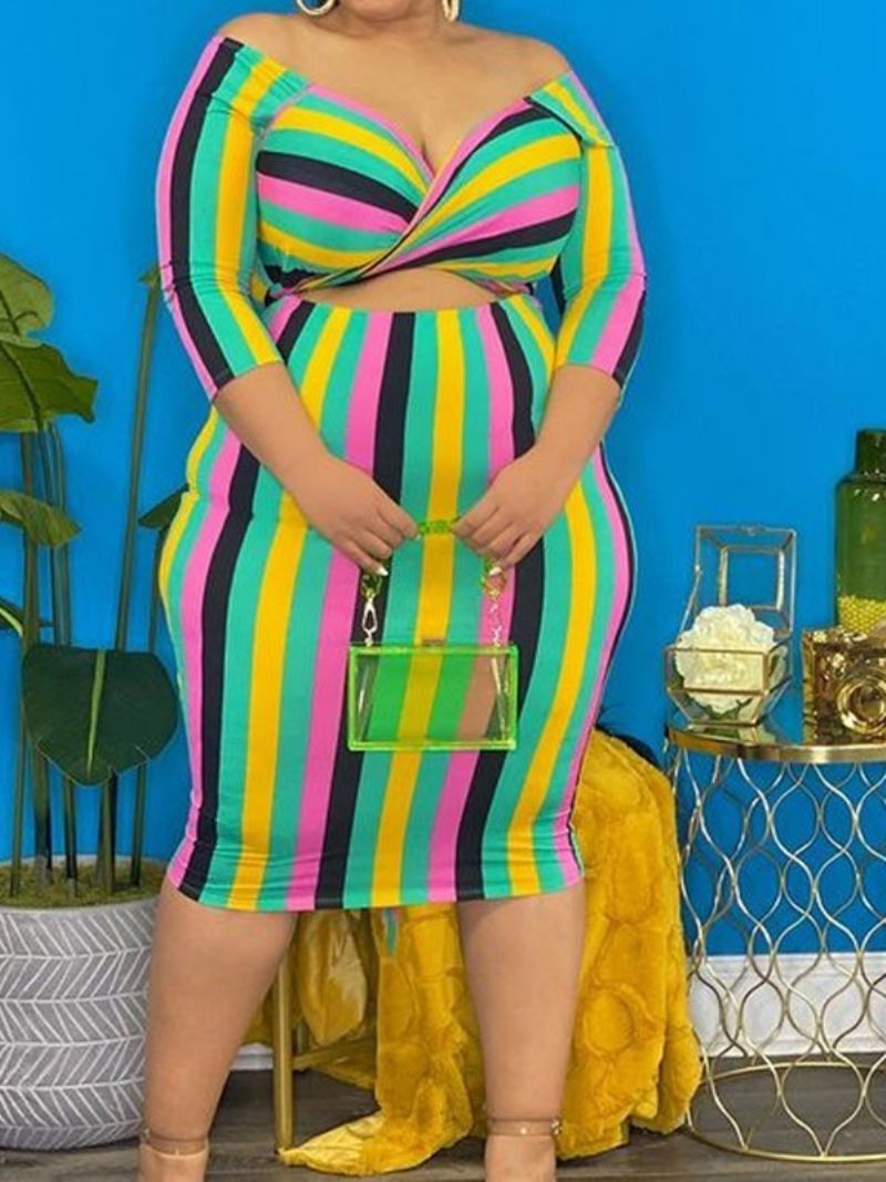 Patchwork Do Půli Lýtek Svetr Se Tříčtvrtečním Rukávem Stripe Bodycon Dress Plus Size