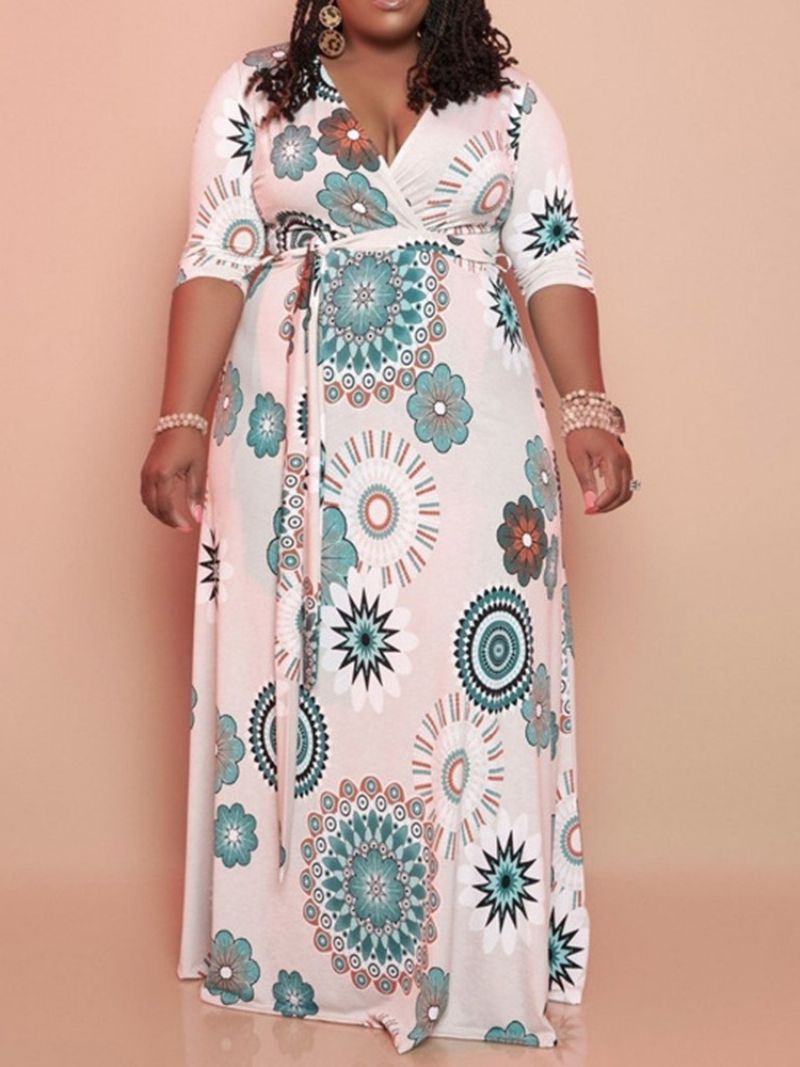 Patchwork S Tříčtvrtečním Rukávem Výstřihem Do V A-line Regular Maxi Dress Plus Size