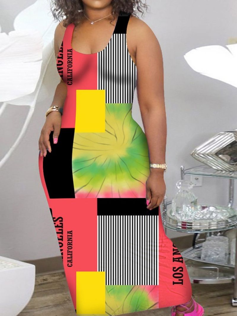 Patchworkové Šaty Bez Rukávů S Délkou Ke Kotníkům Pro Volný Čas Color Block Bodycon Dress Plus Size