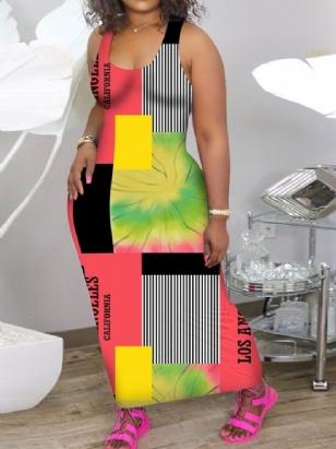 Patchworkové Šaty Bez Rukávů S Délkou Ke Kotníkům Pro Volný Čas Color Block Bodycon Dress Plus Size