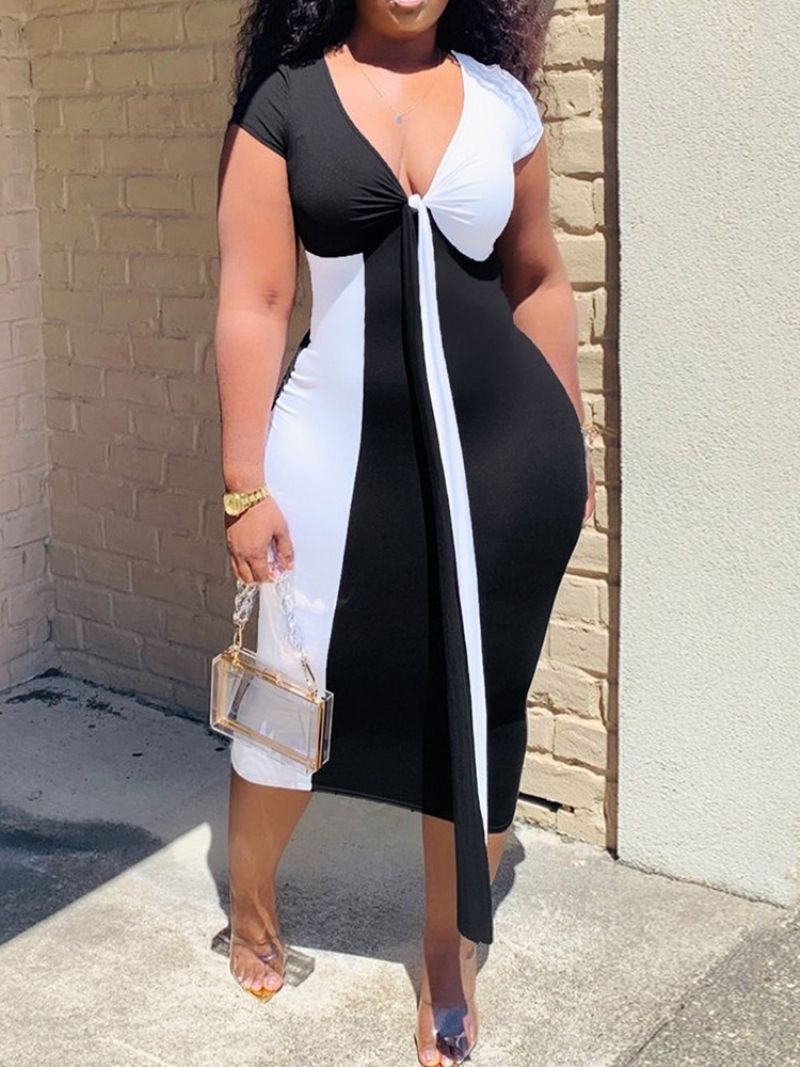 Patchworkový Svetr S Krátkým Rukávem Do Půli Lýtek Bodycon Dress Plus Size