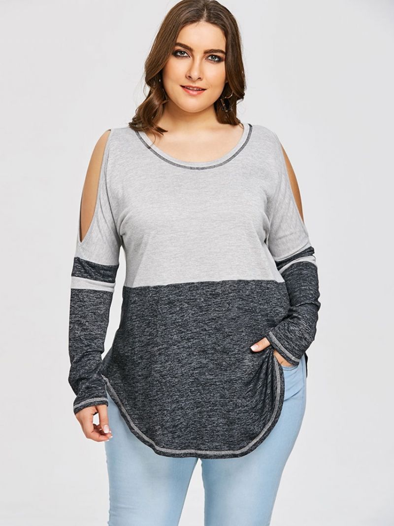 Středně Dlouhé Tenké Triko Color Block Plus Size