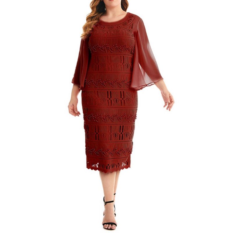 Šaty S Dutým Tříčtvrtečním Rukávem Do Poloviny Lýtek Bodycon Flare Sleeve Plus Size