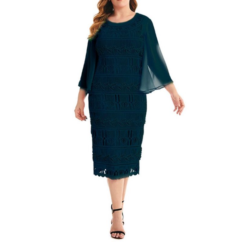 Šaty S Dutým Tříčtvrtečním Rukávem Do Poloviny Lýtek Bodycon Flare Sleeve Plus Size