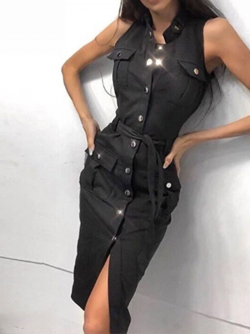 Jednořadé Bodycon Šaty S Knoflíkem Do Půlky Lýtek Bez Rukávů