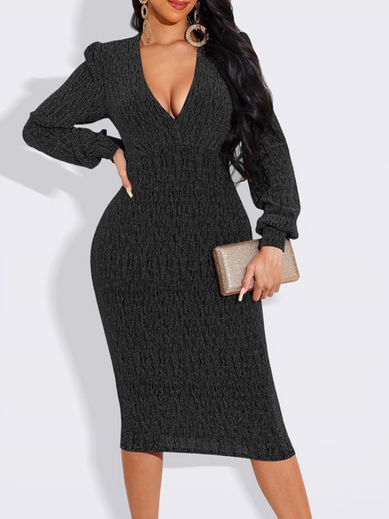 Podzimní Šaty Lurex Bodycon S Výstřihem Do V Do Poloviny Lýtek