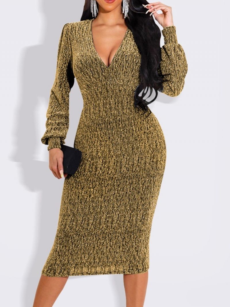 Podzimní Šaty Lurex Bodycon S Výstřihem Do V Do Poloviny Lýtek