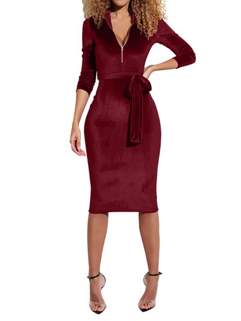 Sexy Bodycon Šaty Na Zip S Dlouhým Rukávem Do Půli Lýtek