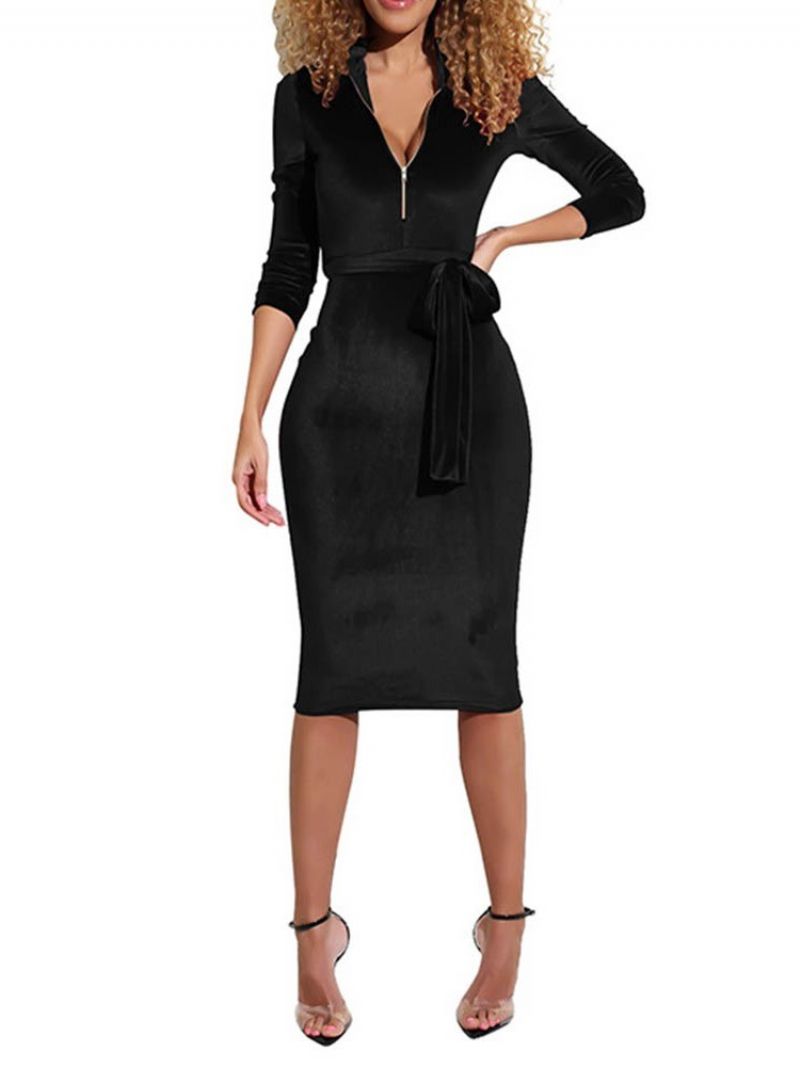 Sexy Bodycon Šaty Na Zip S Dlouhým Rukávem Do Půli Lýtek