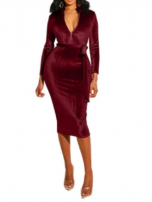 Sexy Bodycon Šaty Na Zip S Dlouhým Rukávem Do Půli Lýtek