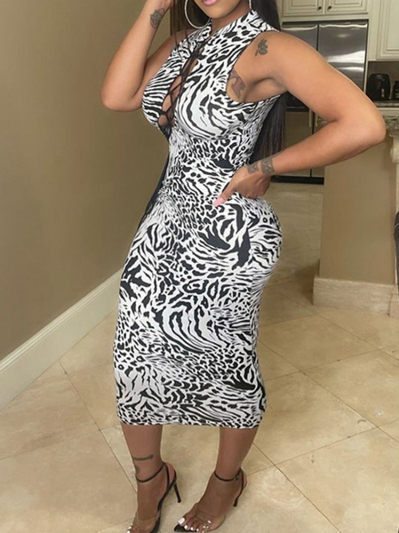 Sexy Bodycon Šaty S Proužkem Zebra S Dutým Límečkem Bez Rukávů