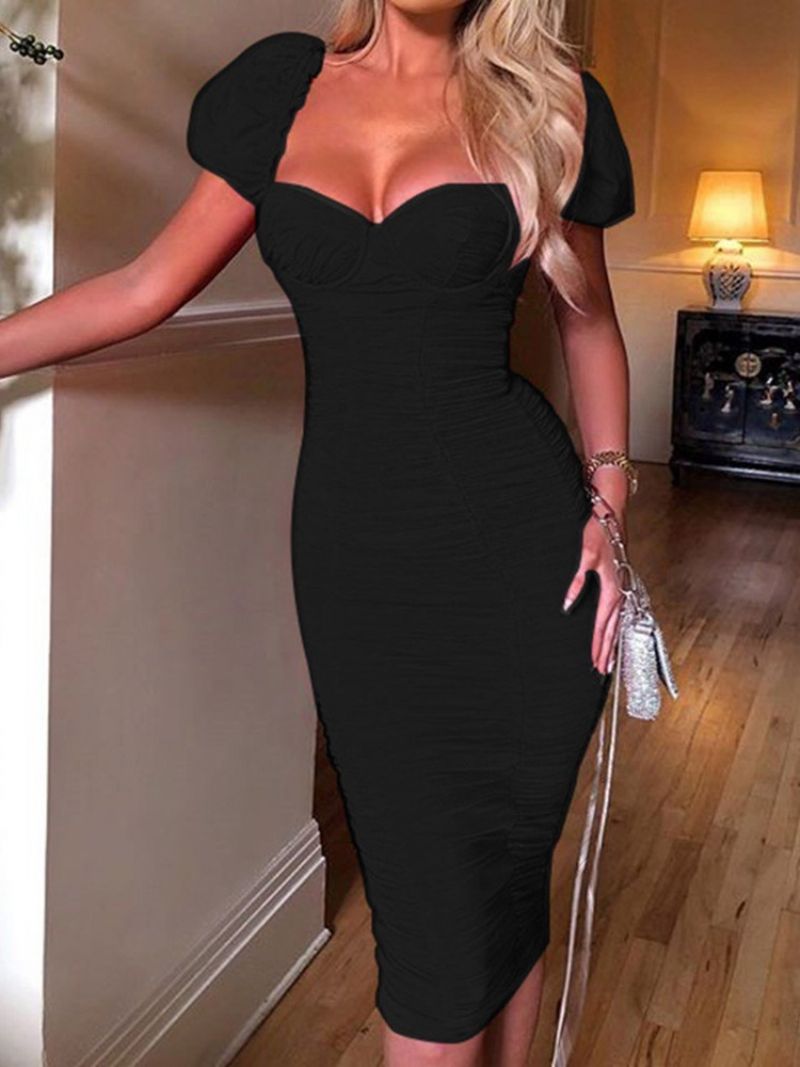 Sexy Obyčejné Bodycon Šaty Na Zip S Krátkým Rukávem Do Půli Lýtek