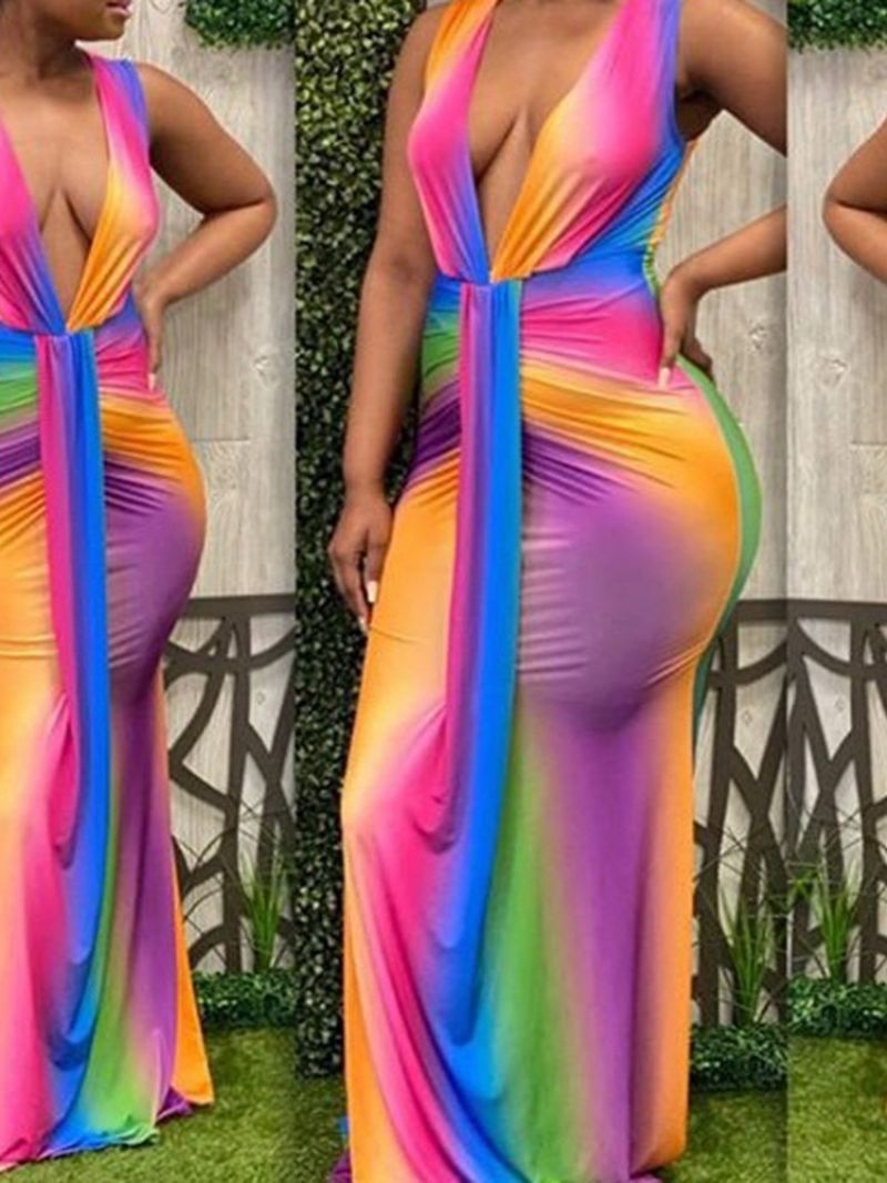 Western Bodycon Šaty Bez Rukávů S Výstřihem Do V Na Podlahu