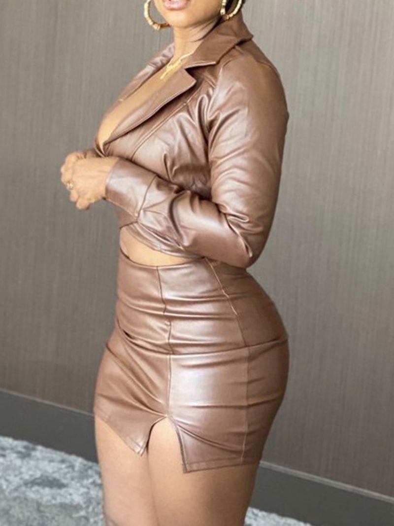 Sexy Obyčejný Kožený Kabát Bodycon Lapel Dvoudílné Sady