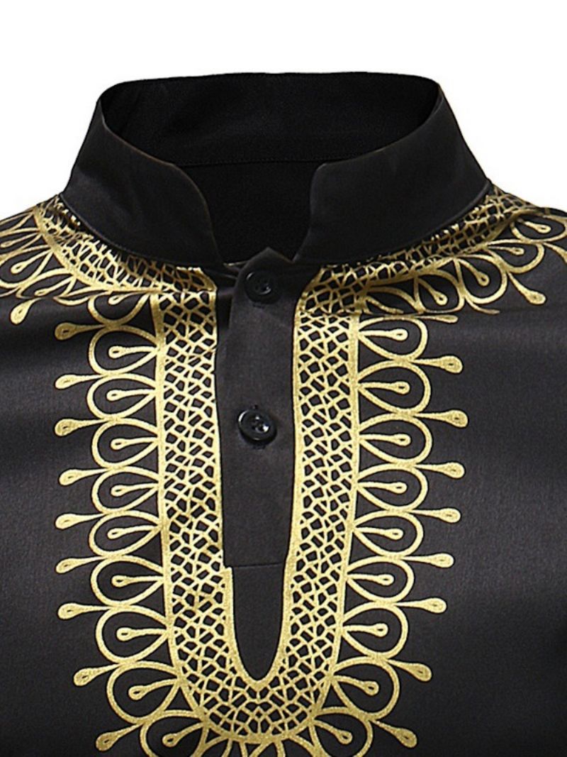 Africká Móda Golden Black Dashiki Print Stand Collar Pánské Košile