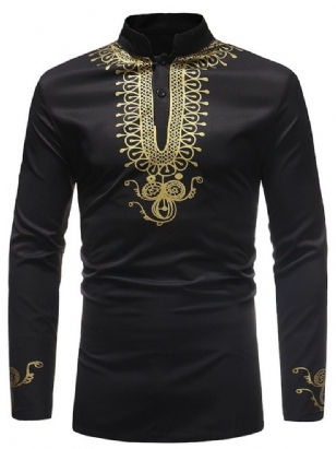 Africká Móda Golden Black Dashiki Print Stand Collar Pánské Košile