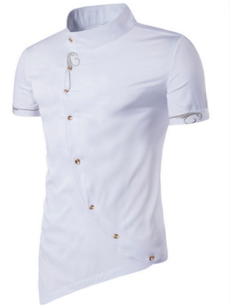 Iregular Plain Printed Short Sleeve Stand Collar Pánská Košile