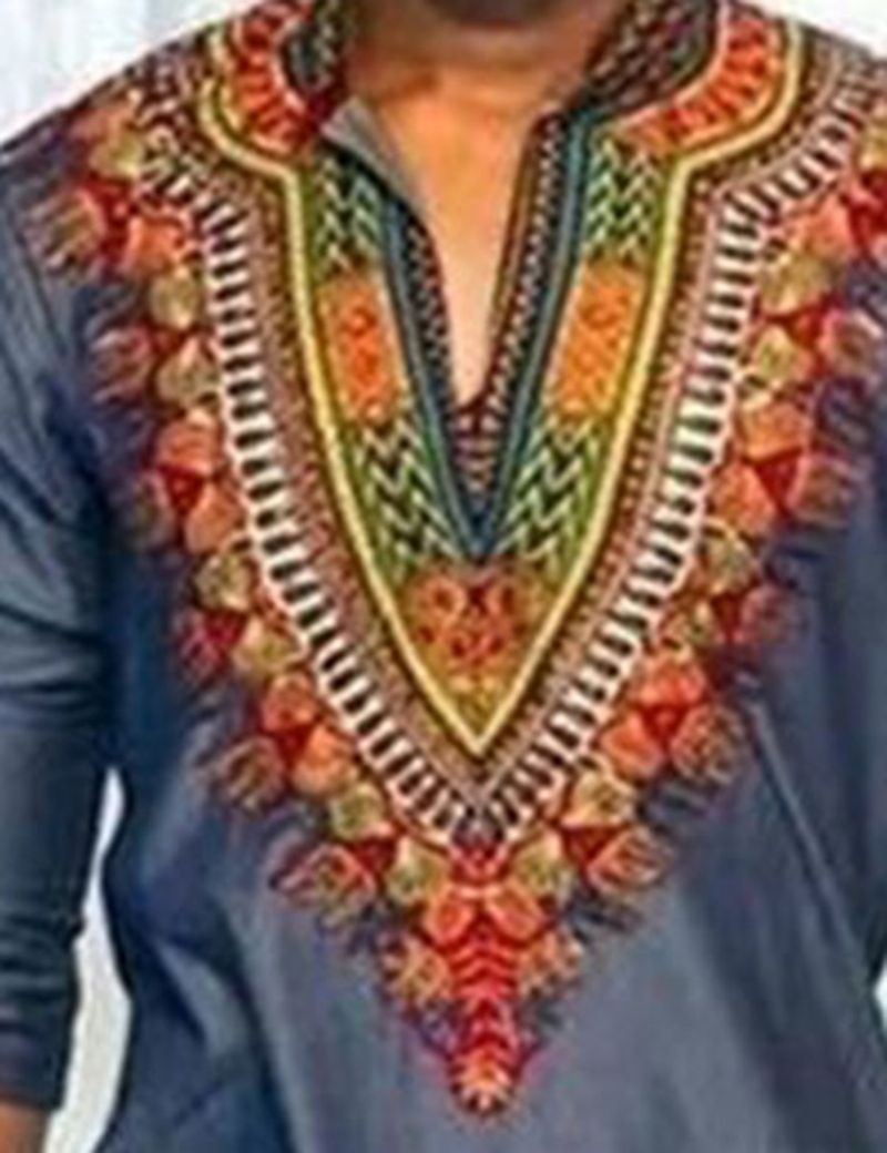 Tenké Pánské Tričko African Fashion Dashiki Print Color Block S Výstřihem Do V